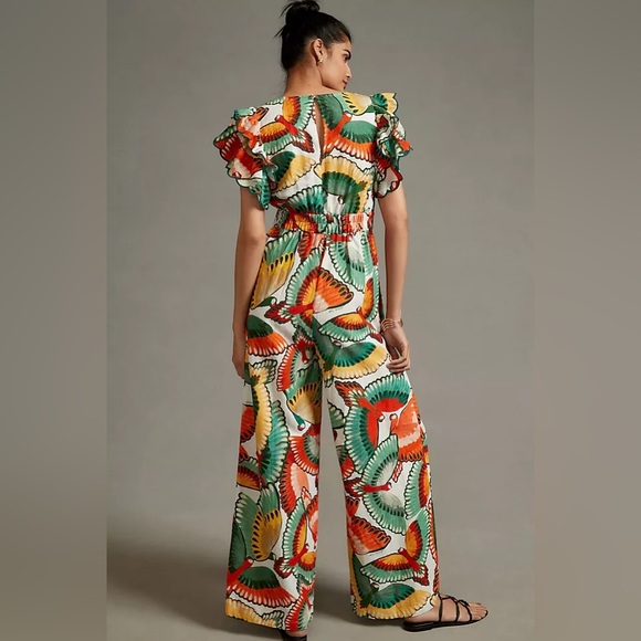 Anthropologie Ruffle-Sleeve Linen Jumpsuit Sz M - Picture 3 of 6